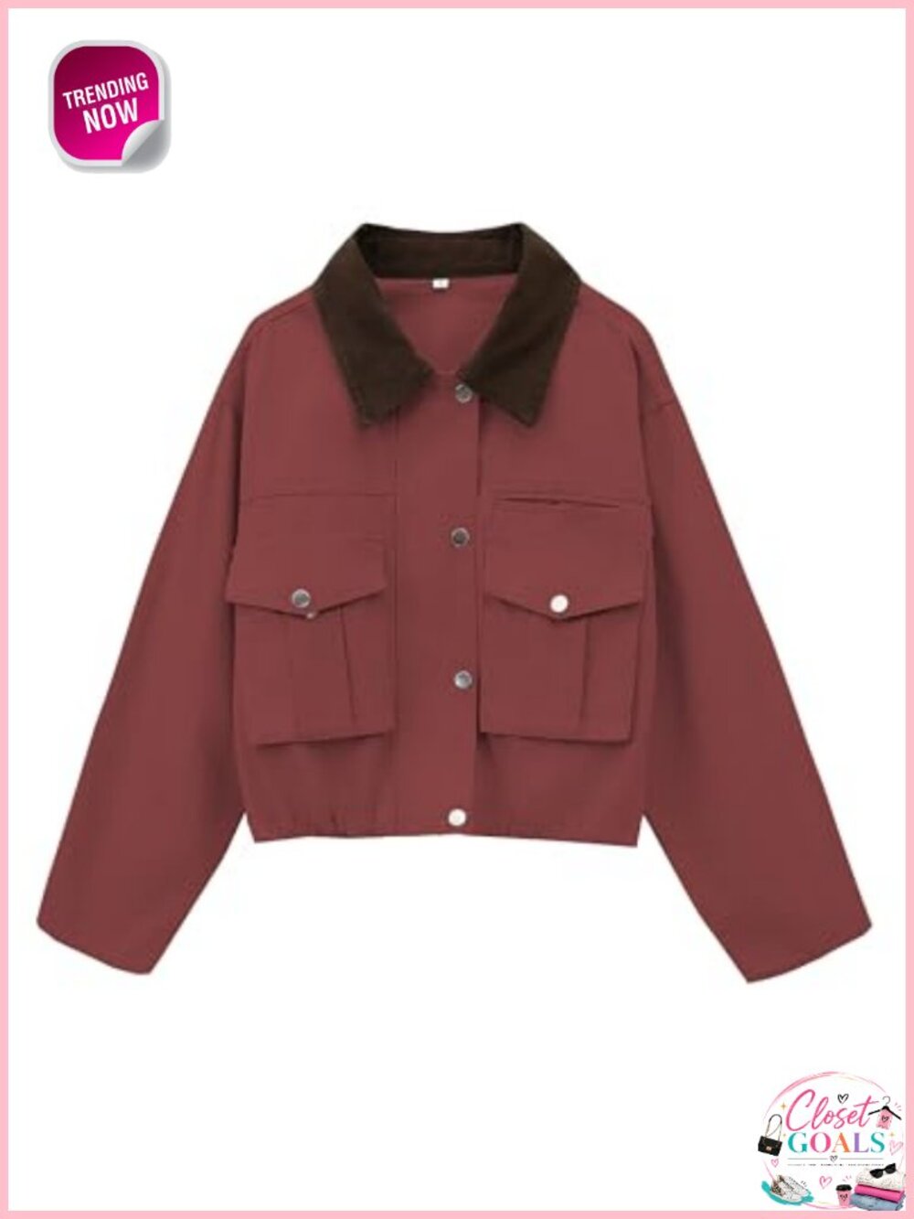 Megfie Women's Cropped Cotton Barn Jacket Contrast Collar Button Front